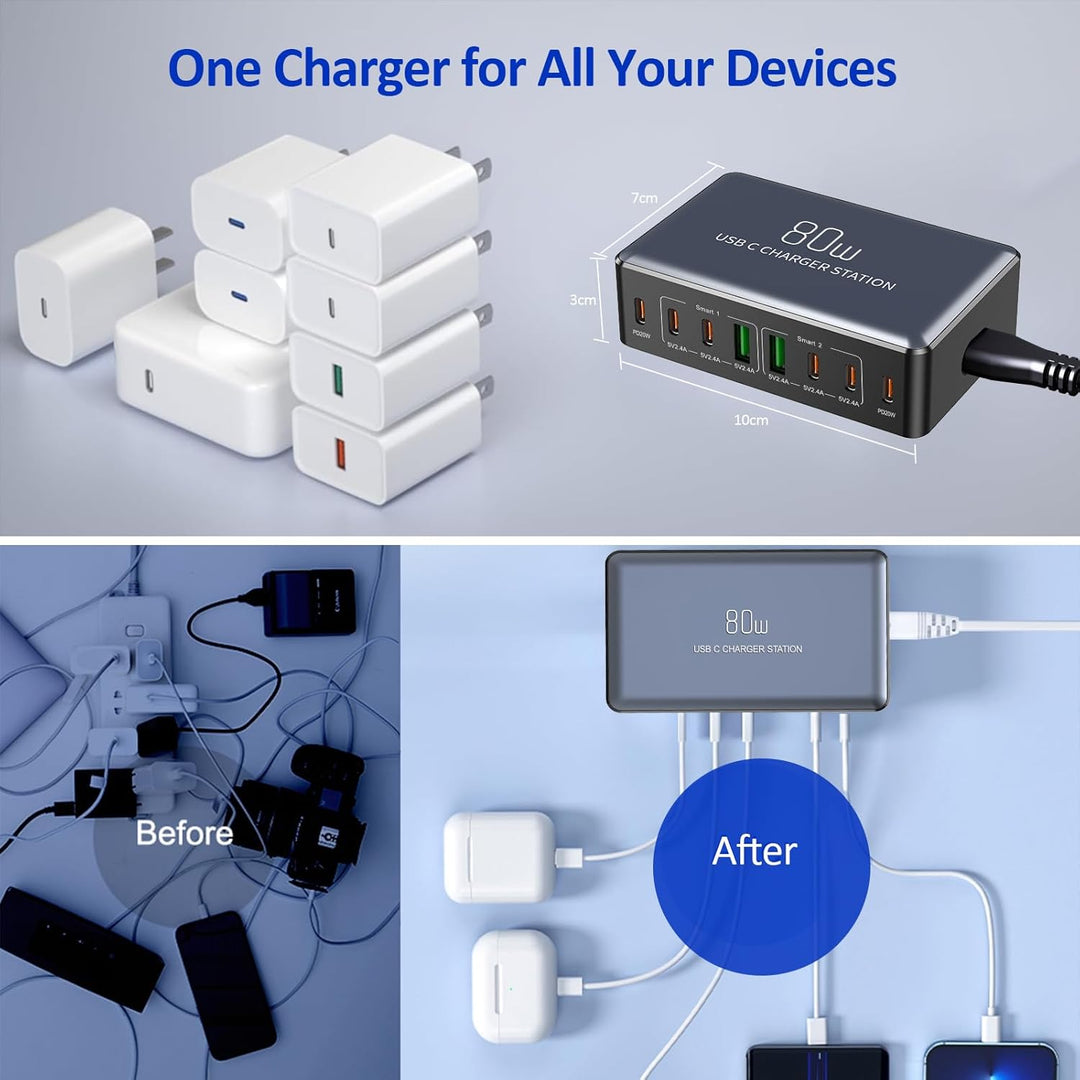 KitBox Mehrfach USB C Ladegerät Handy Schnellladegerät 70W Multi Ladestation mit 6* USB-C und 2* Min