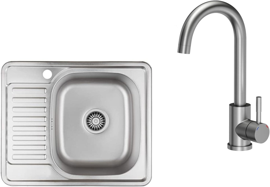 VBChome Einbauspüle mit Armatur 58x48 Satinstruktur Links Edelstahl Küchenspüle Spüle Ablagefläche A