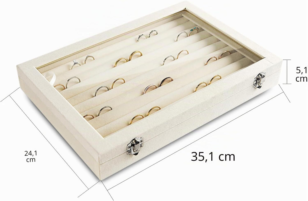 Frebeauty Ringe/Ohrringe Organizer Tablett mit klarem Deckel 10 Slots Samt Schublade Einsatz Schmuck
