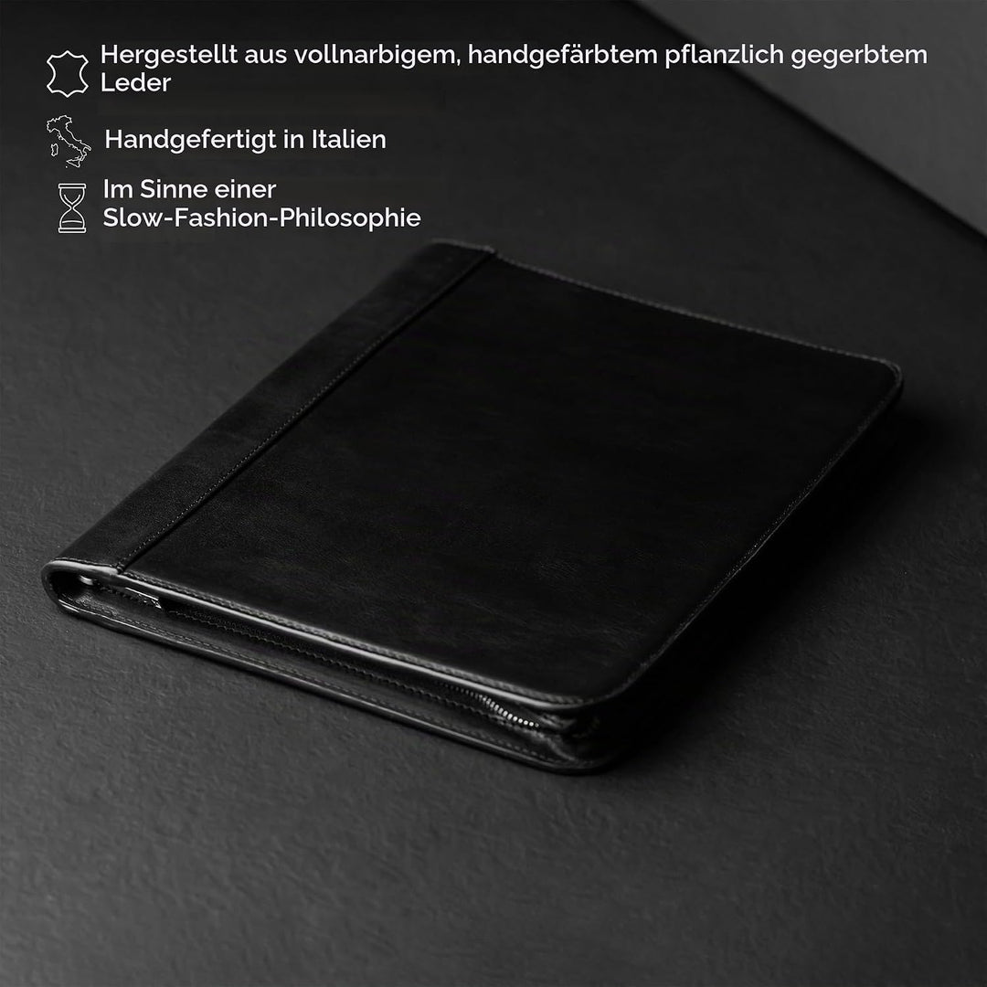 Leder Schreibmappe A4 - Konferenzmappe für Herren - Organizer Mappe - Stylische Aktenmappe - Schwarz
