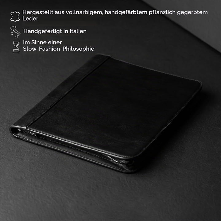 Leder Schreibmappe A4 - Konferenzmappe für Herren - Organizer Mappe - Stylische Aktenmappe - Schwarz