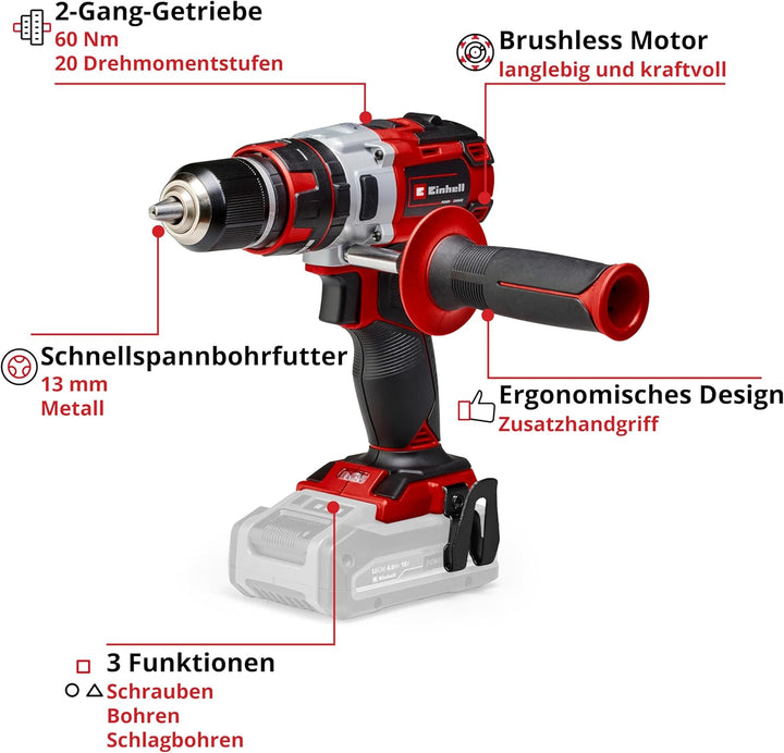 Einhell Akkuschrauber TE-CD 18 Li-i Brushless Solo Power X-Change (Li-Ion, 18 V, 2 Gang, 60 Nm, LED