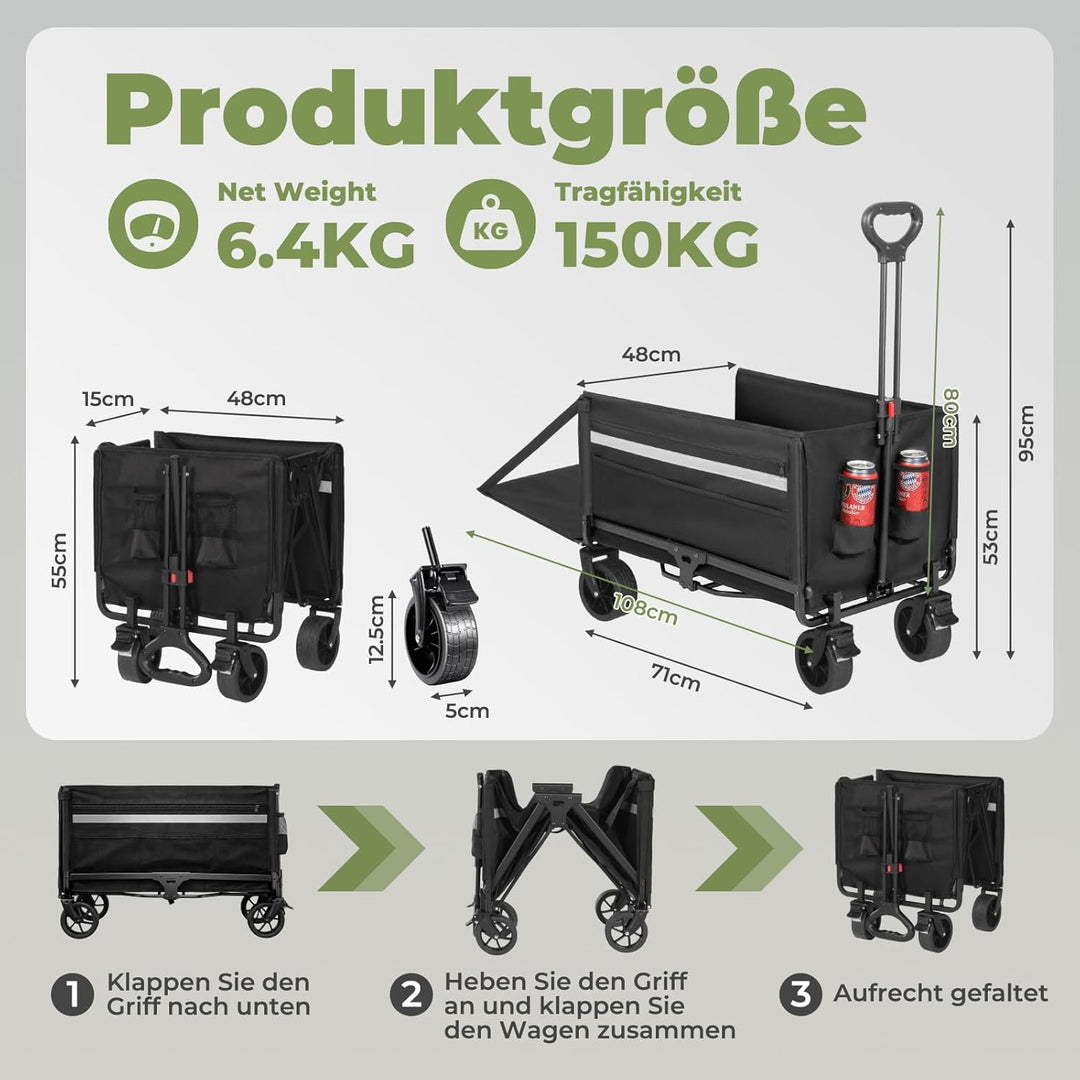 Bollerwagen Faltbar 120L Strandwagen Klappbar mit Heckklappe Regenschutz, Bremsen, Reflektorstreifen