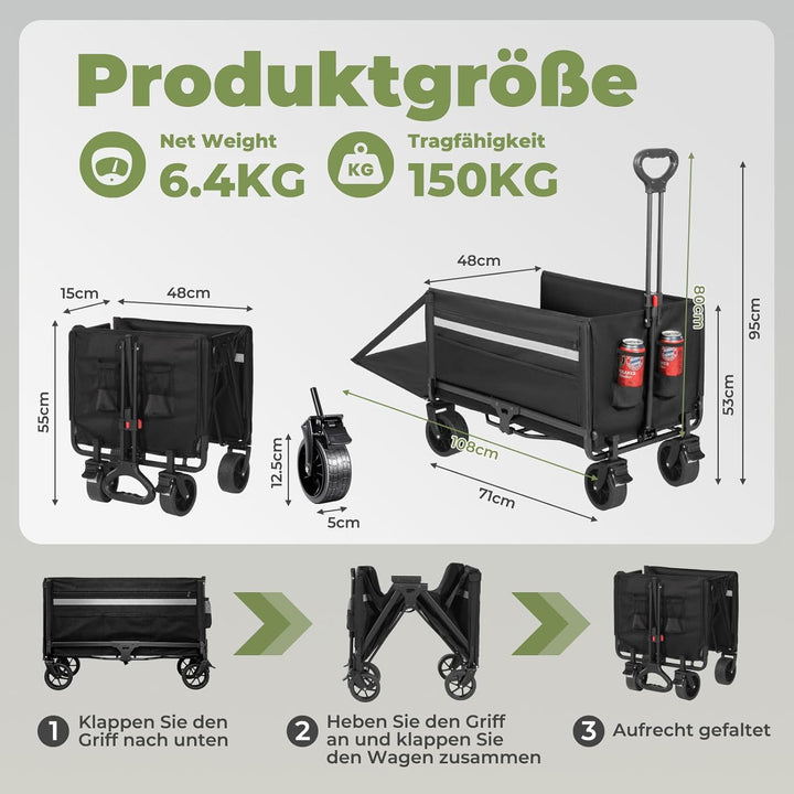 Bollerwagen Faltbar 120L Strandwagen Klappbar mit Heckklappe Regenschutz, Bremsen, Reflektorstreifen