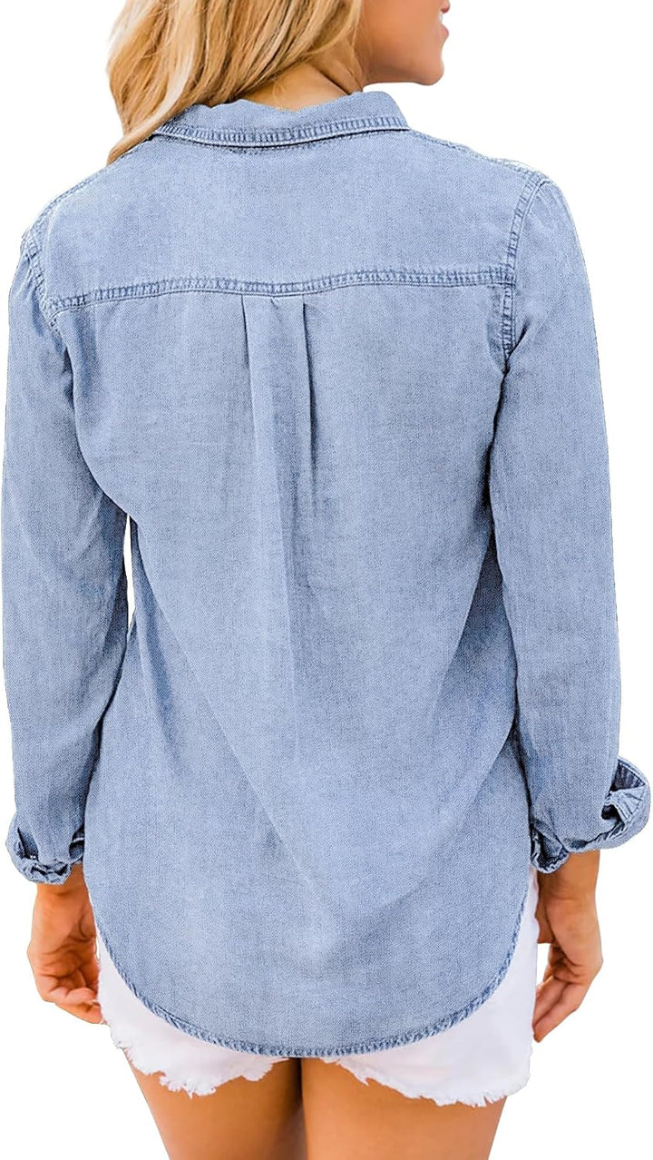 Damen Jeanshemd - Damen Western Hemden Tunika Langarm Button Down Oberteile L Acid Wash Lakeside Blu