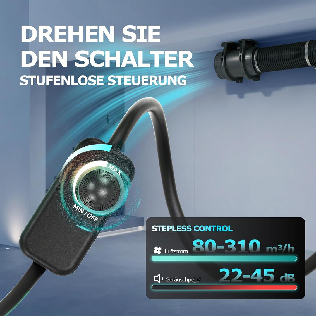 Rohrventilator 100 mm Regelbare Geschwindigkeit, 80-310 m³/h Rauchabzug Ventilator, Rohrlüfter Leise