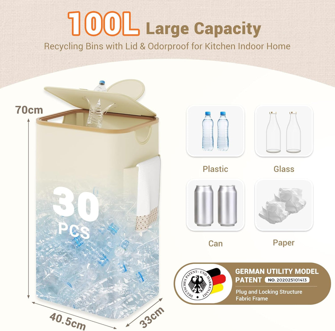 YOUDENOVA 100L Pfandflaschen Sammelbehälter mit Deckel & Geruchsdicht, Mülleimer Küche, Flaschensamm