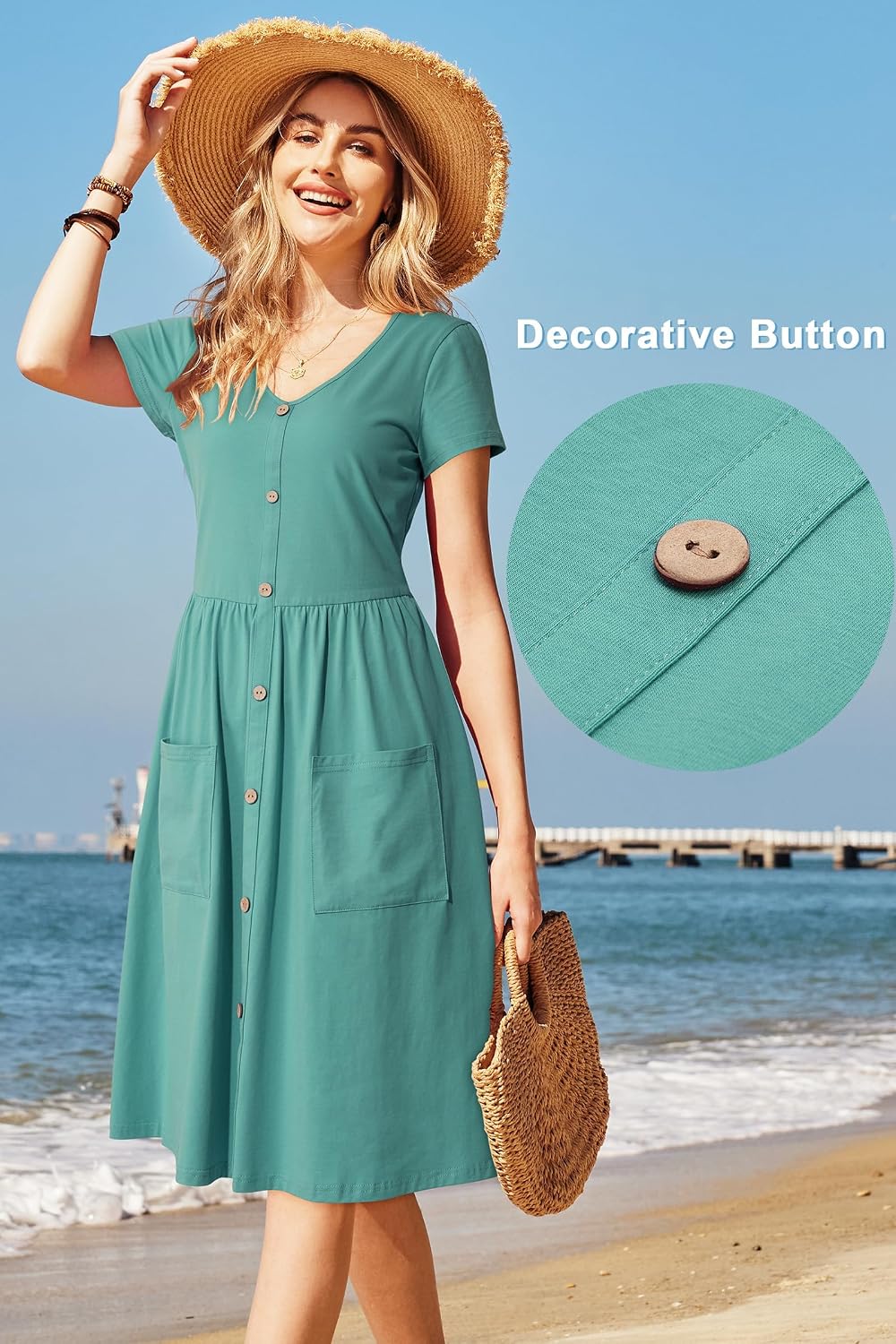 OUGES Sommerkleid Damen Casual Kleid V-Ausschnitt Midi Kleider Knopfleiste Freizeitkleid mit Taschen