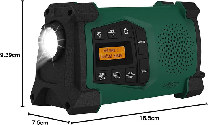infactory Baustellenradio: Mobiles Kurbelradio mit DAB+, EWF-Funktion, Solarpanel, LED, USB (Dynamo