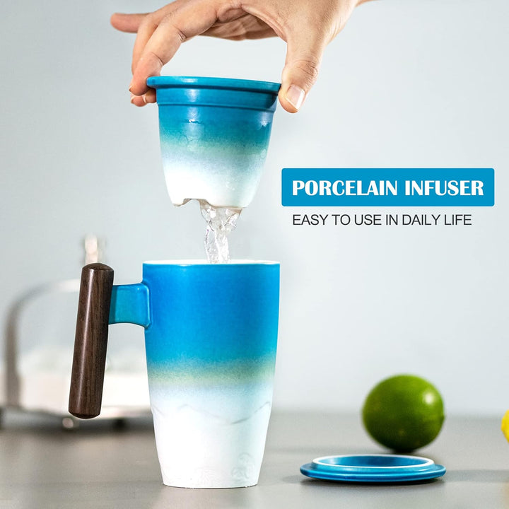 suyika Tomotime Keramik-Teetasse mit Teesieb und Deckel, Holzgriff, 400 ml, Cyanblau, 04-blau und We