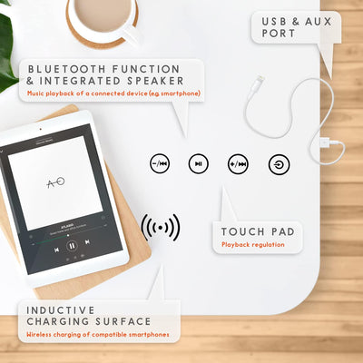 ATLASIO Beistelltisch mit Bluetooth Lautsprecher & Wireless Charger, Couchtisch mit smartem Touchpad