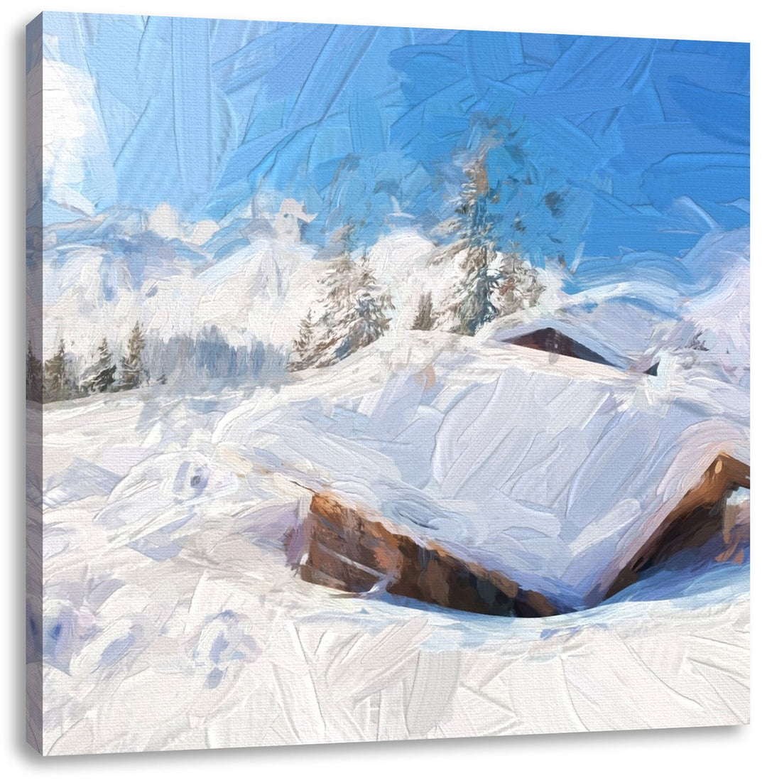 Pixxprint schöne verschneite Berghütten in den Alpen, Format: 70x70 auf Leinwand, 70x70