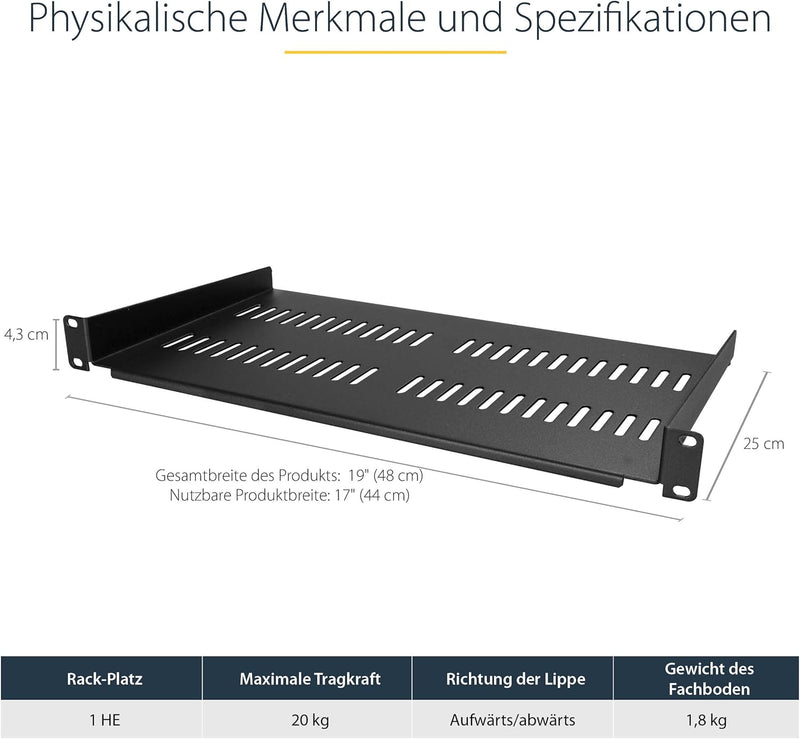 StarTech.com 1HE Fachboden - 1U perforiertes Universal-Rack-Montage-Server-Rack-Regal für 19 Zoll Ne