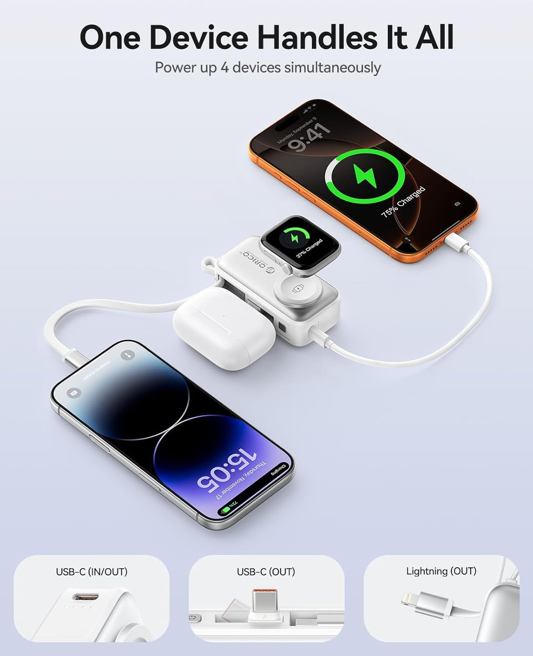 ORICO Mini Powerbank 5000mAh, PD 22,5W Externe Handyakkus mit Klappbarem USB-C Stecker & Lightning K