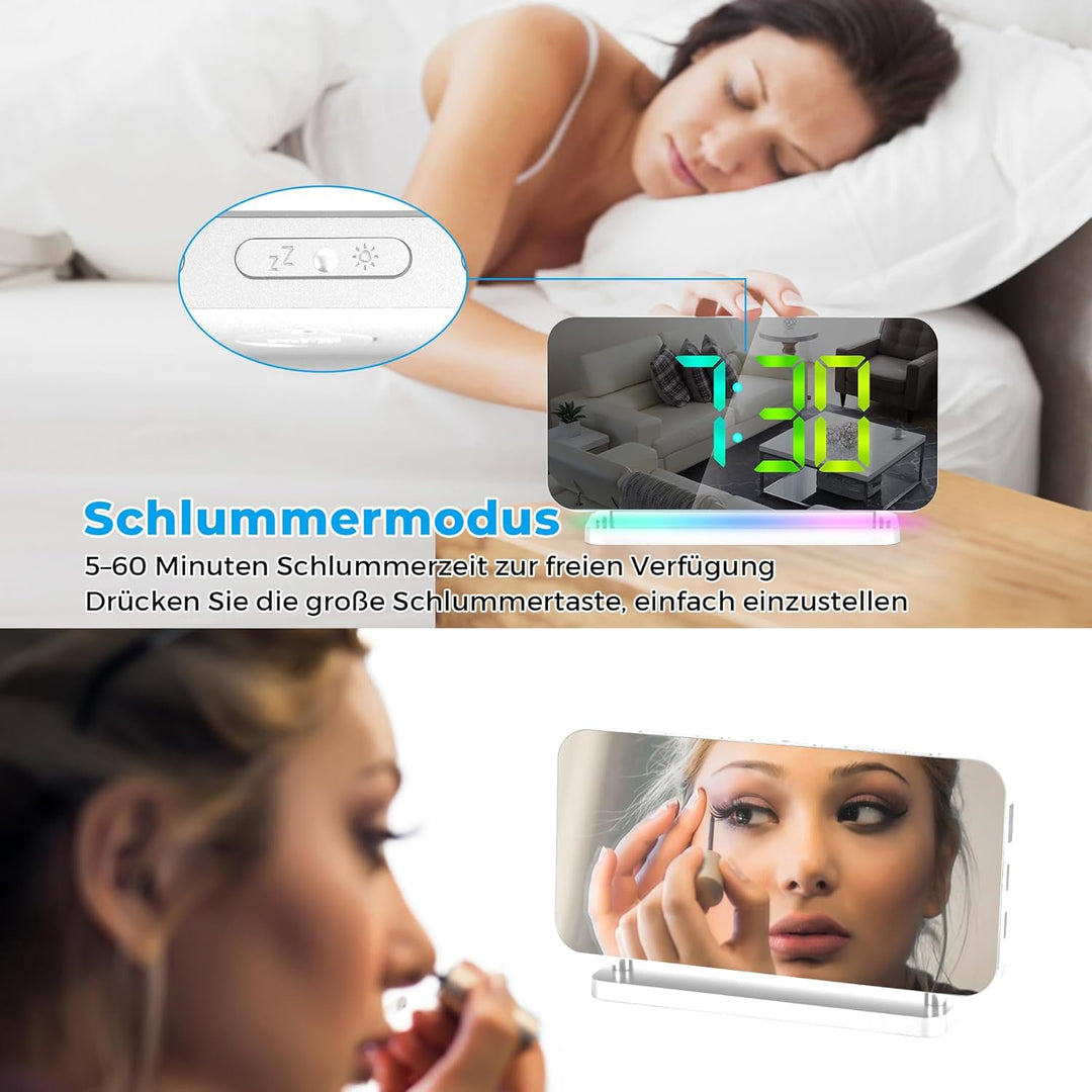 SZELAM Digital,Wecker Nachttisch,7,4" LED-Spiegeluhr mit 10 Modi RGB-Nachtlicht,11 Farben Digitalanz