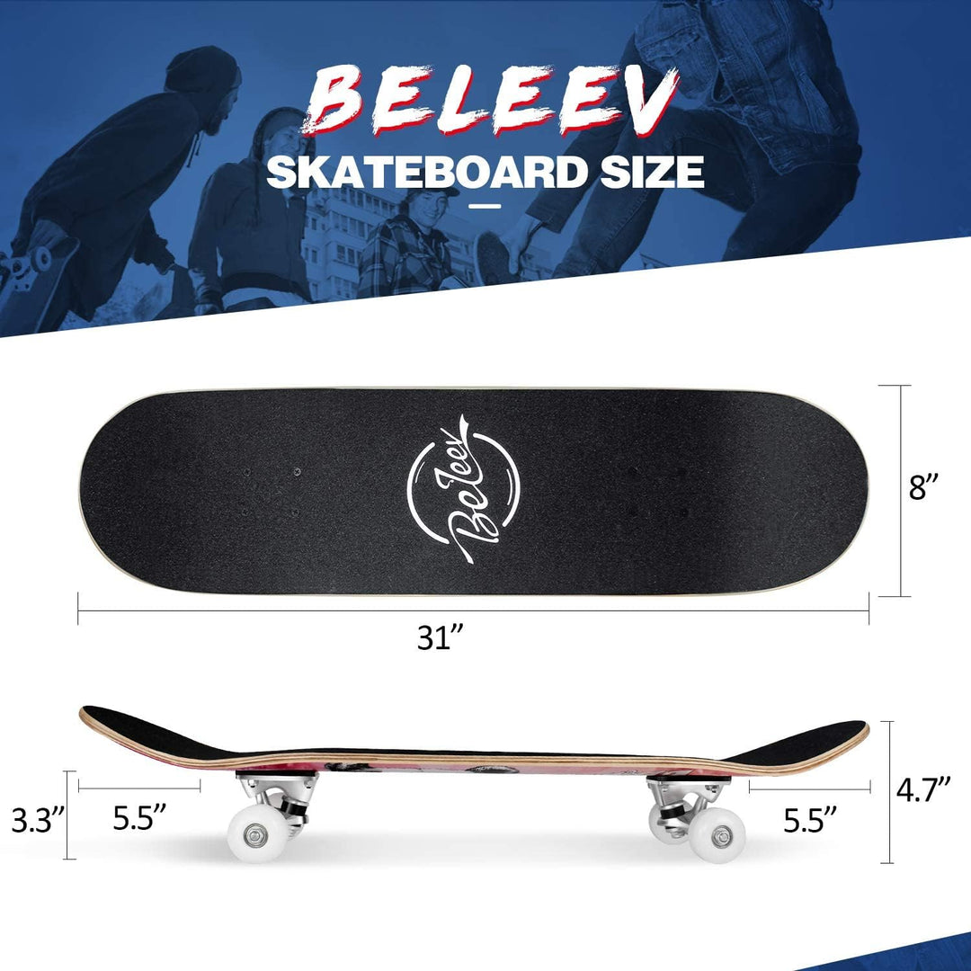 BELEEV Skateboard 31x8 Zoll Komplette Cruiser Skateboard für Kinder Jugendliche Erwachsene, 7-Lagige