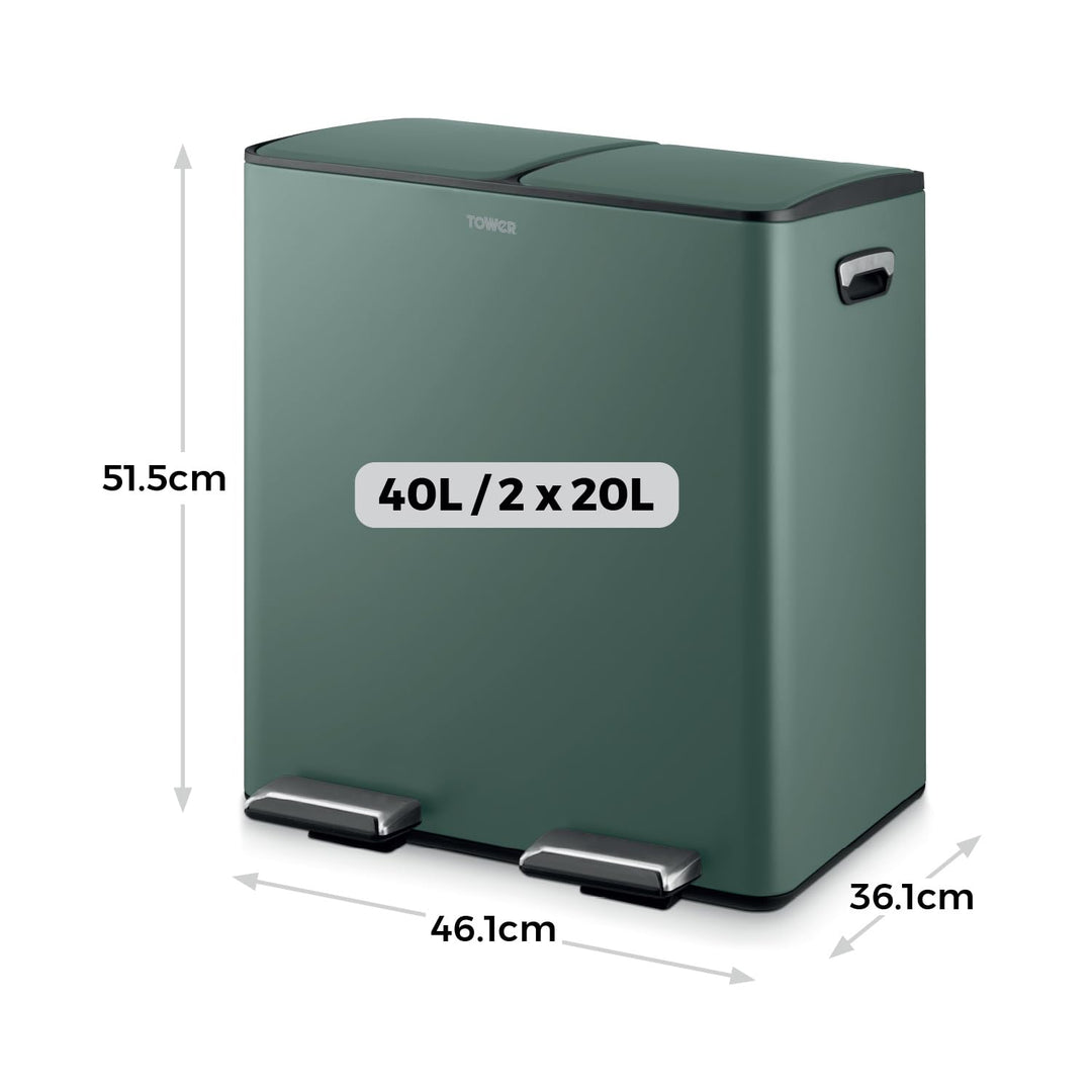 Tower T838022FOR Recycling-Treteimer, zwei 20-Liter-Fächer mit herausnehmbaren Inneneimern, Körper a