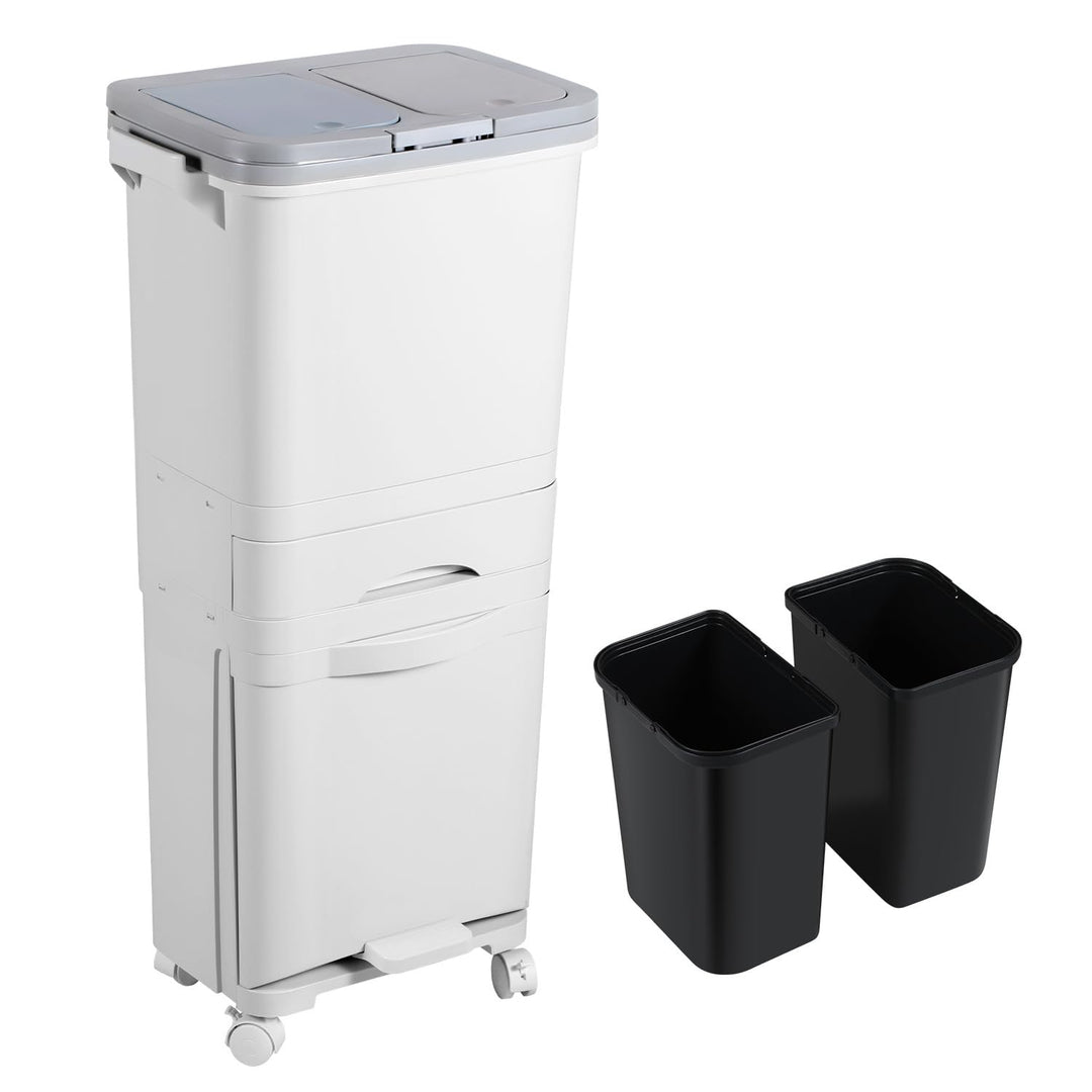 Mülleimer Küche mit 3 Fächern, Küchenmülleimer 42L, Tretmülleimer, Abfalleimer mit Deckel, Recycelba