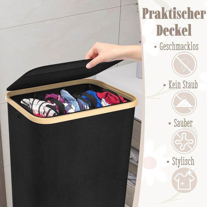 FIVMEN Wäschekorb 3 Fächer Wäschesammler Wäschesortierer mit Deckel und 3 Waschbarer Wäschesack Wäsc