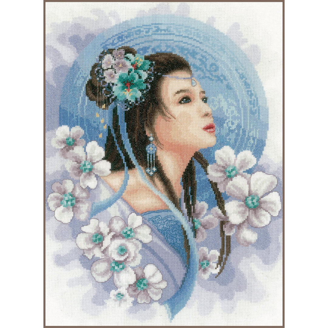 Lanarte Kreuzstichset Asiatische Frau in Blau, Kreuzstichpackung mit Zählmuster, Baumwolle, Mehrfarb