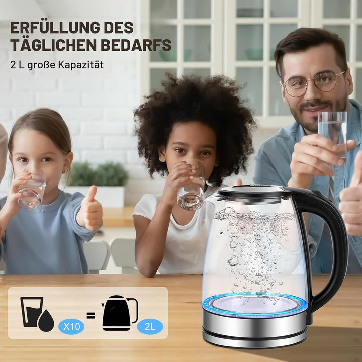 Glas Wasserkocher 2,0 liter, 2300w, BPA-frei, LED Beleuchtung, Schnelles Kochen,Wasserkocher aus Bor