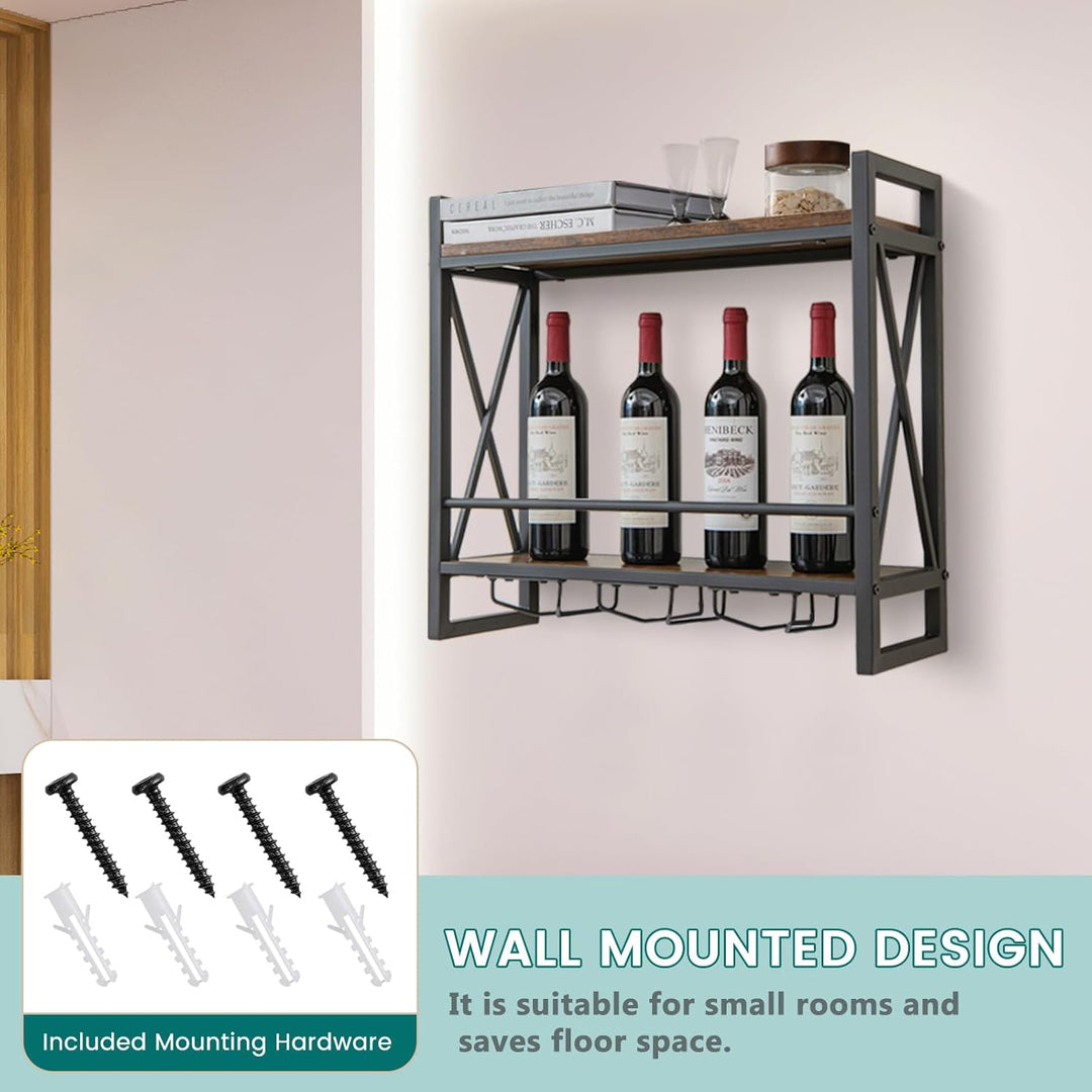 KOMFOTTEU Weinregal Wand, Flaschenregal Holz mit Metallrahmen, dekoratives Wandregal mit Becherhalte
