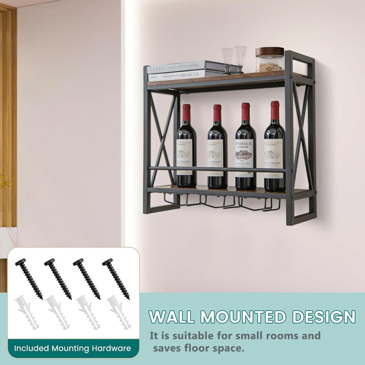 KOMFOTTEU Weinregal Wand, Flaschenregal Holz mit Metallrahmen, dekoratives Wandregal mit Becherhalte