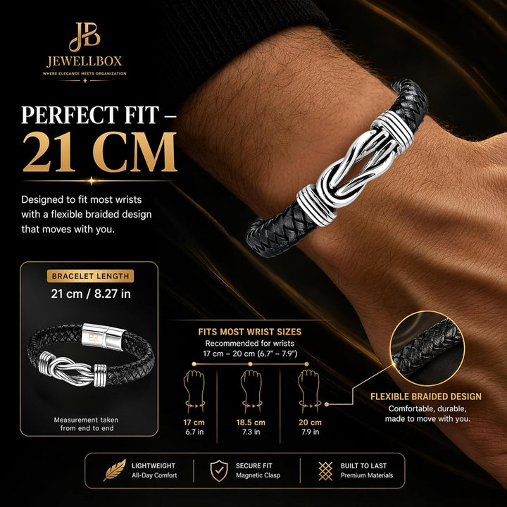 Jewellbox Herren Leder Unendlichkeit Knoten Armband, Leder Punk Schmuck Armband