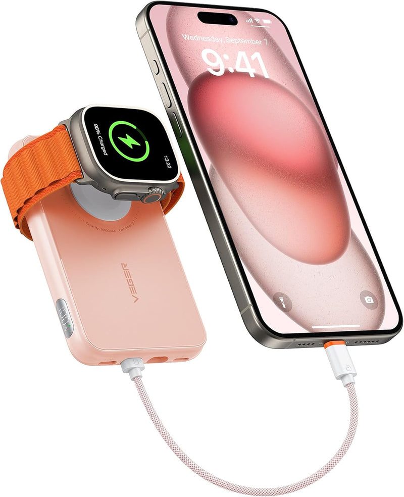 VEGER Mini Power Bank 20W PD, 10000mAh Powerbank mit Eingebautem Apple Kabel, mit Apple Watch Laden,