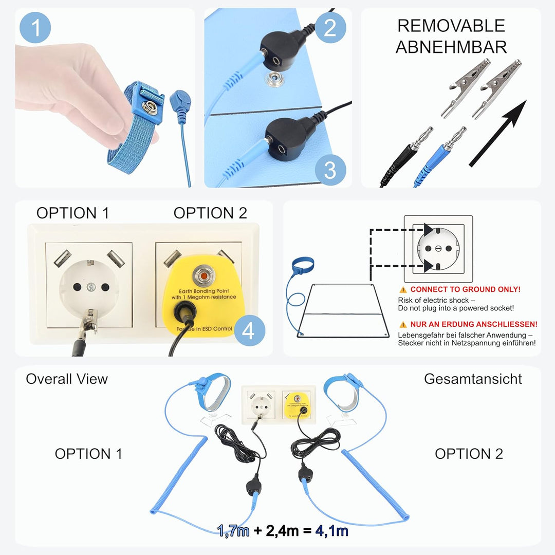Minadax 120 x 30cm Antistatik ESD Computer Matte Tischmatte „Premiumqualität“ inkl. Manschette + 2,4