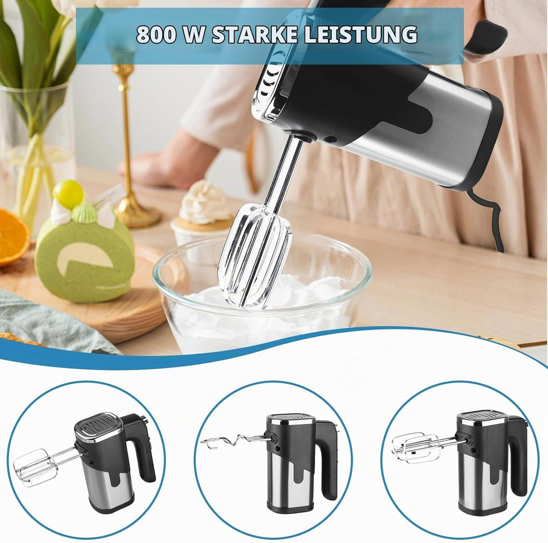 Handmixer, 800W Elektrisch Handrührgerät, Mixer Handrührer mit 4*Edelstahl Zubehör, 5 Einstellstufen