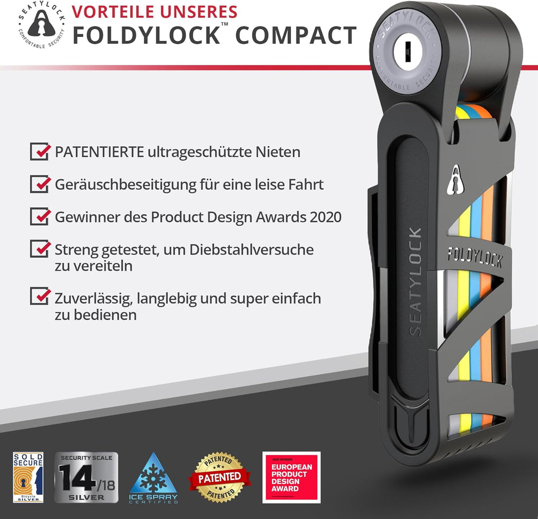 FoldyLock Compact Fahrrad Faltschloss – Patentiertes Testsieger Fahrradschloss mit Schlüssel und Hal