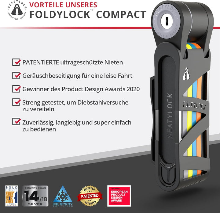 FoldyLock Compact Fahrrad Faltschloss – Patentiertes Testsieger Fahrradschloss mit Schlüssel und Hal