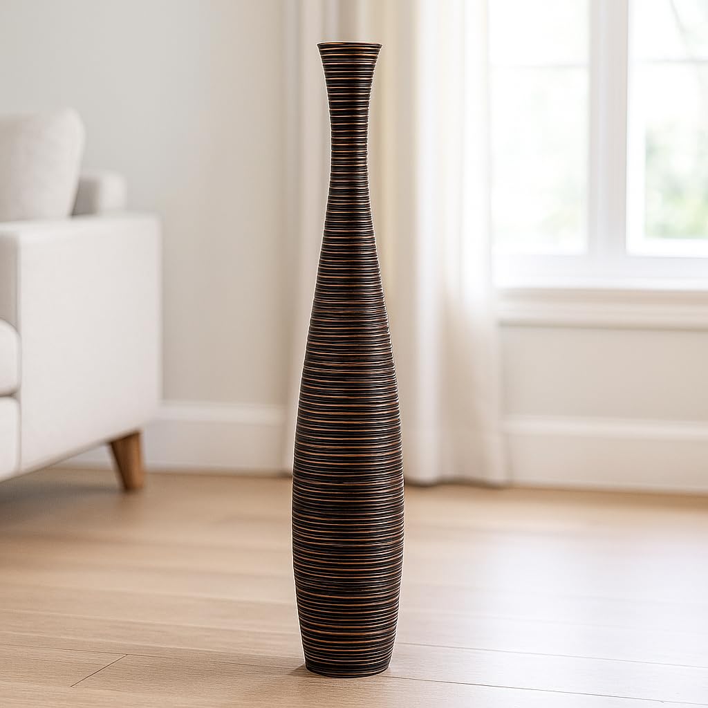 Leewadee Grosse Bodenvase für Dekozweige hohe Standvase Design Holzvase, Holz, 70 cm, Braun 70 cm Br
