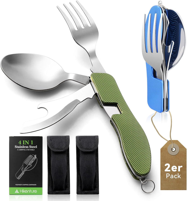 Hikenture® Outdoor Campingbesteck Set - Klappbesteck Outdoor Besteck aus Edelstahl mit Gürteltasche