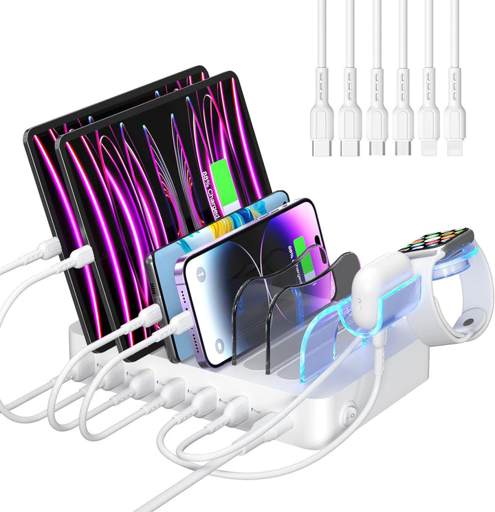 SooPii USB-Ladestation Organizer für mehrere Geräte, 6 Ports 50W Ladestation mit 6 Kabeln und aktual