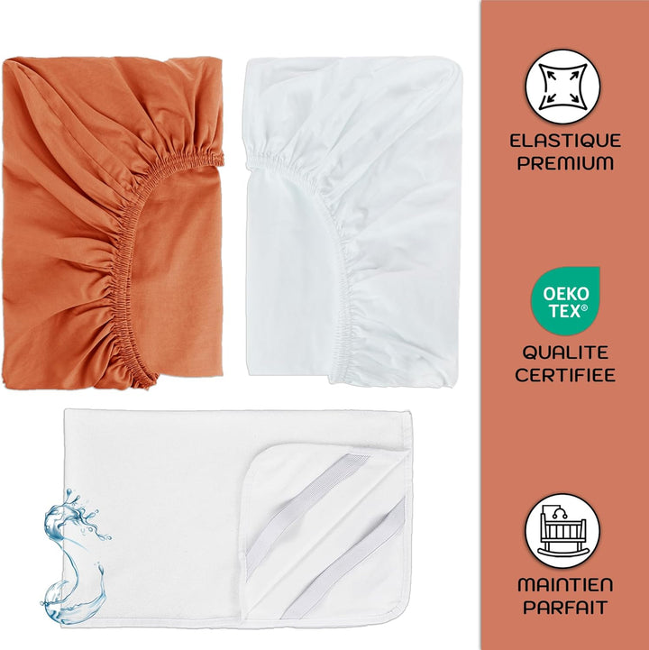 2X Spannbettlaken beistellbett 100% Baumwolle + 1X Matratzenschoner 100% wasserdichtem Material - Se