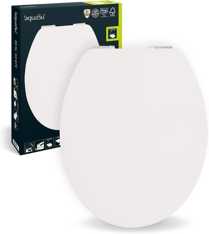 'aquaSu® WC-Sitz mit Absenkautomatik, Dekor Real White, High-Gloss Toilettensitz mit Holzkern, Fast-
