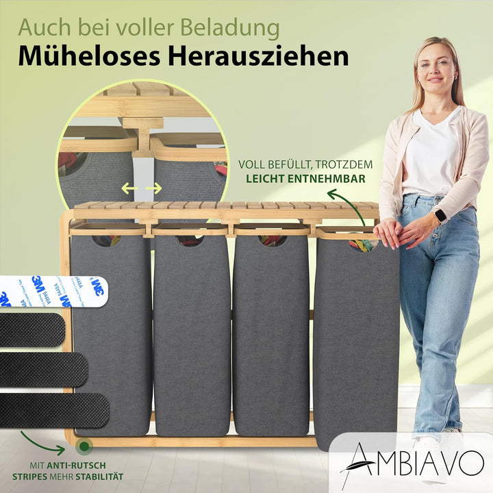 Wäschekorb 4 Fächer grau 200 L – Platzsparendes Design – 50L pro Fach - Stabile Bambuskonstruktion –