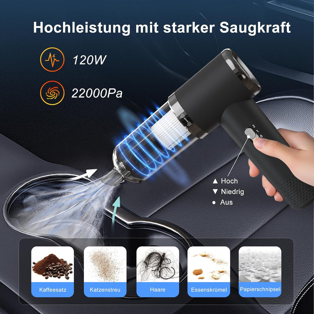 Handstaubsauger Akku, 22000Pa Mini Staubsauger Auto mit 25–35 Minuten, 4 in 1 Autostaubsauger Kabell