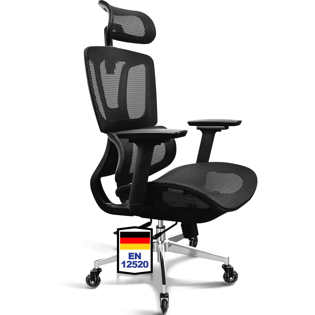 Bürostuhl Ergonomisch, 4D-Armlehnen, Verstellbare Sitztiefe, 4-stufige Neigung, Gummirollen, Mesh-Si