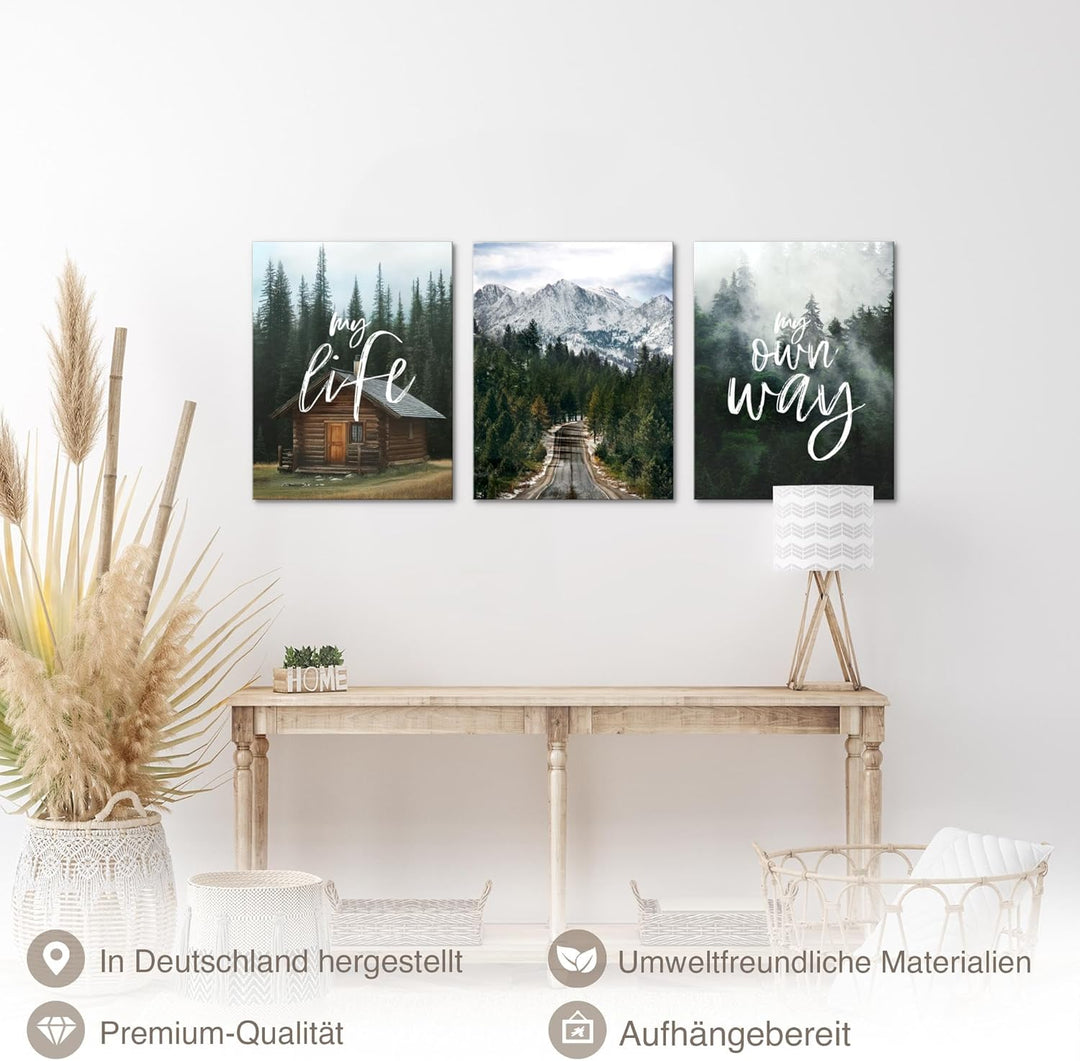 Novart Wandbilder Set Natur Berge - KOMPLETT AUFHÄNGFERTIG - Wohnzimmer Schlafzimmer Flur Deko - 3 M