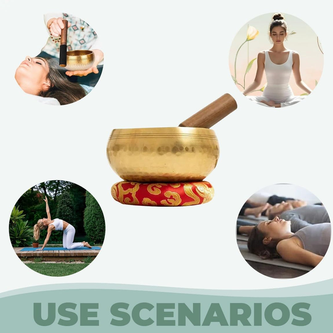 Tibetisches Klangschalen-Set Ø 8 & 12 cm mit Chilin-Muster Inkl. Holzklöppel & Schalenkissen | Handg