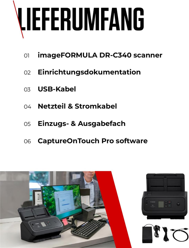 Canon imageFORMULA DR-C340 A4 Dokumentenscanner – Kompaktes Design & erweiterte Bildverarbeitung für
