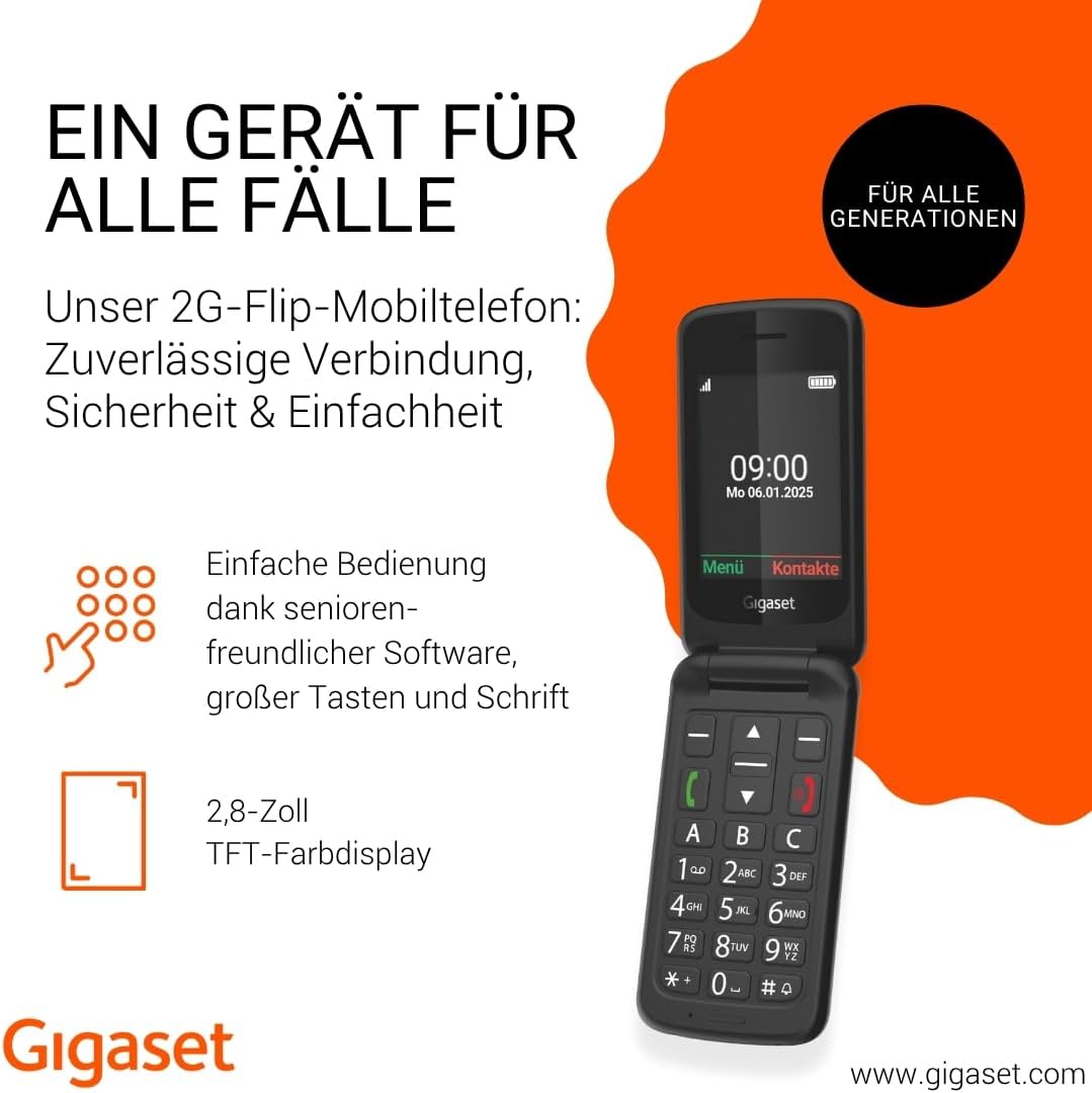 Gigaset GL595 Flip-Mobiltelefon – einfache Bedienung für Senioren, grosse Tasten & SOS-Notruftaste –