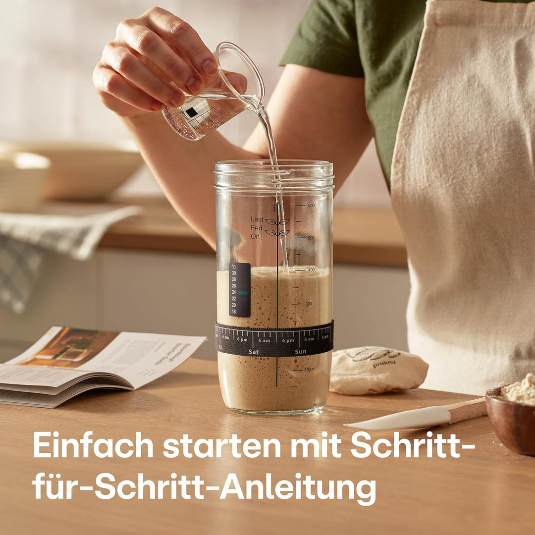 Praknu Sauerteig Starter Set aus Glas (700ml) Komplett-Set mit Anleitung für Einsteiger & Zuhause ba