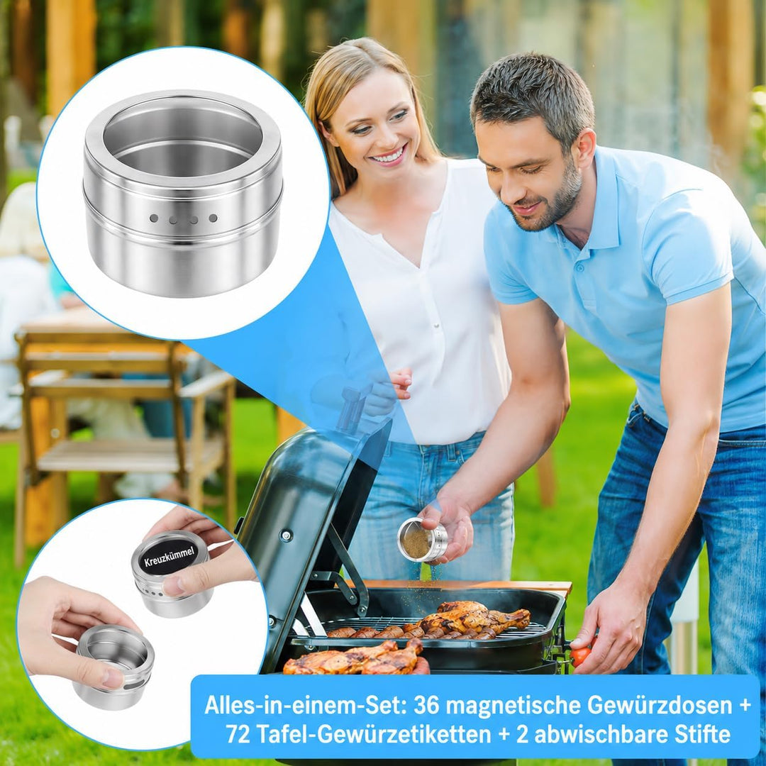 LYCN 36er Set Magnetische Gewürzdosen aus Edelstahl, 90ml Gewürzbehälter mit Sichtfenster, Platzspar