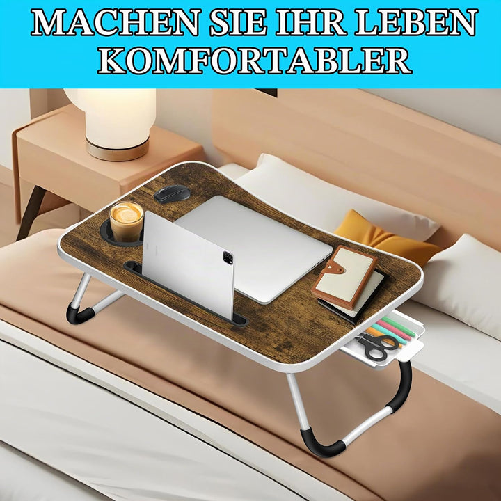 Soontrans Laptoptisch 60x40x28 cm, Laptop Tisch mit Schublade, Getränkehalter, Tablethalter, Klappba