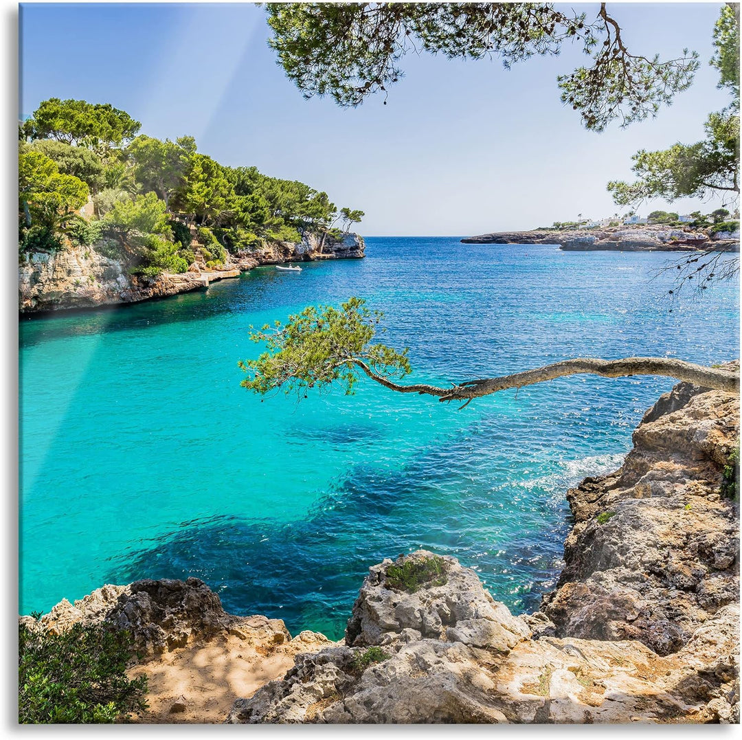 Pixxprint Glasbild | Wandbild auf Echtglas | Mallorca Bay Cove | 60x60 cm | inkl. Aufhängung und Abs