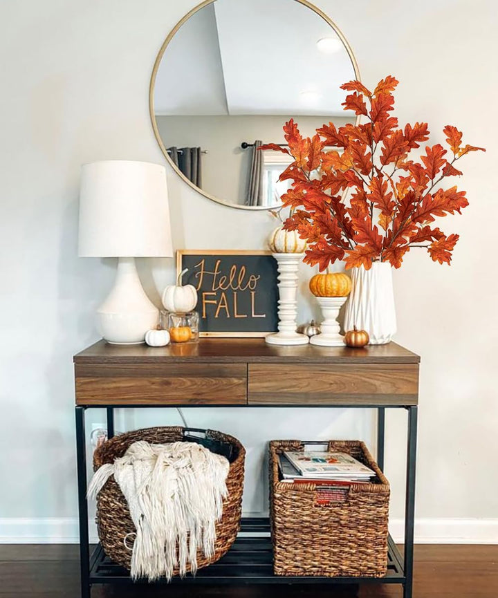 Hollyone 3 Stück Künstliche Eichenblätter Orange Herbstliche Kunstzweige 77 cm Stiel Künstlicher Dek